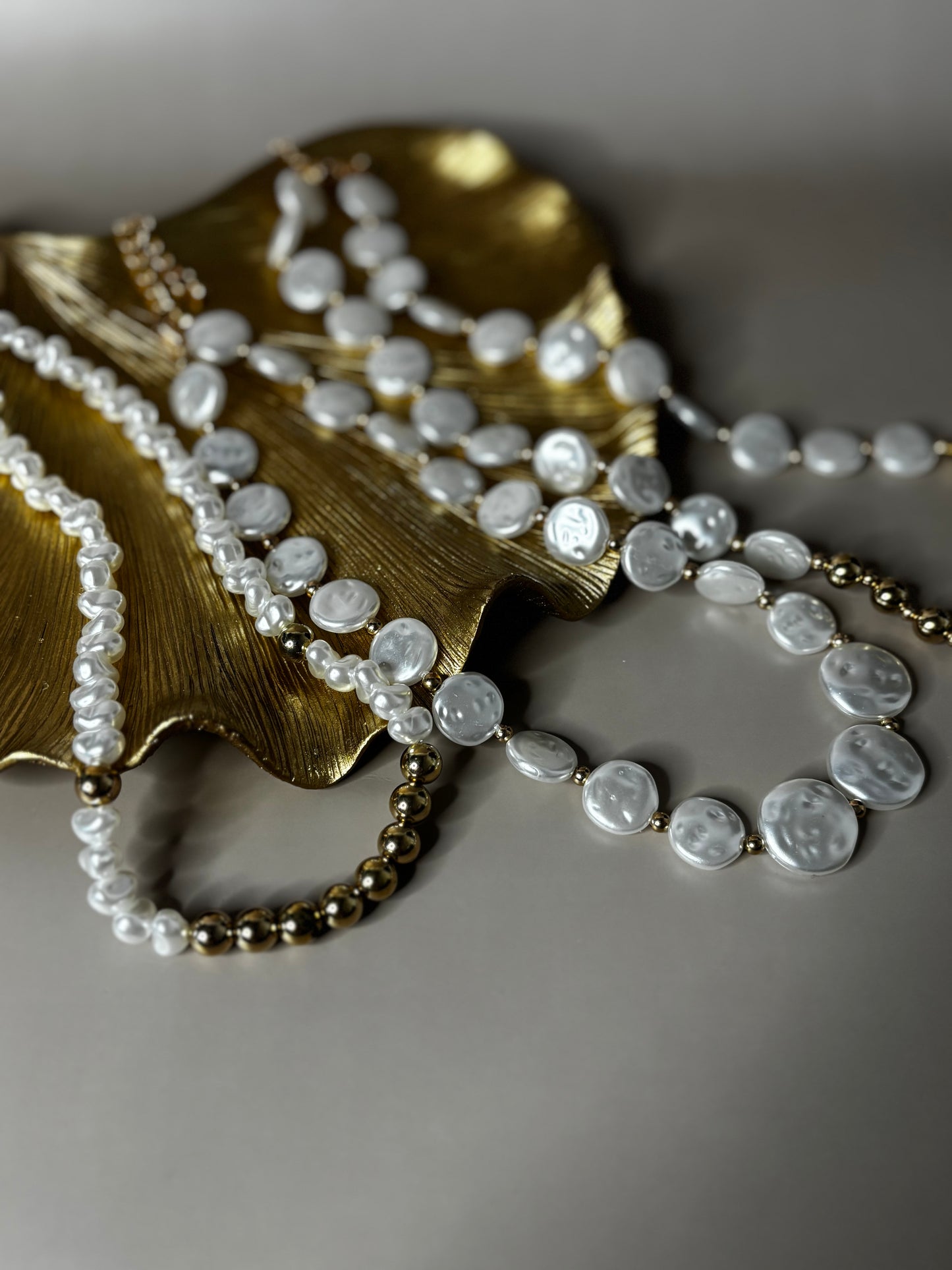 Triple Strand Pearl Necklace - CCB and Pearl - Gold or Silver