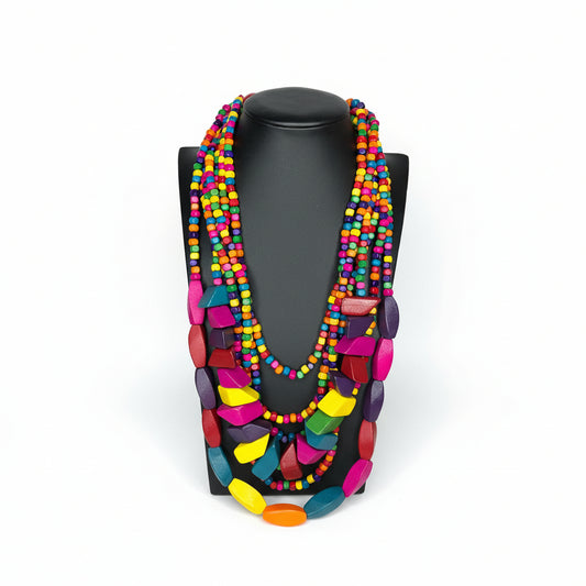 Mildred natural wood beaded strand necklace in multicolor.