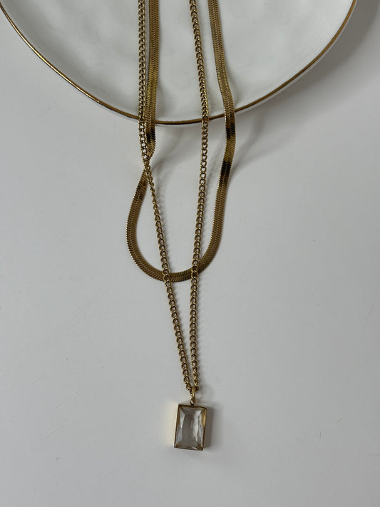 Glamour 14K gold plated double layer snake and ball chain necklace with white square rhinestone inlay.