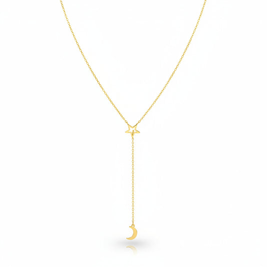 Luna & Estrella celestial moon and star adjustable stainless steel necklace in gold.