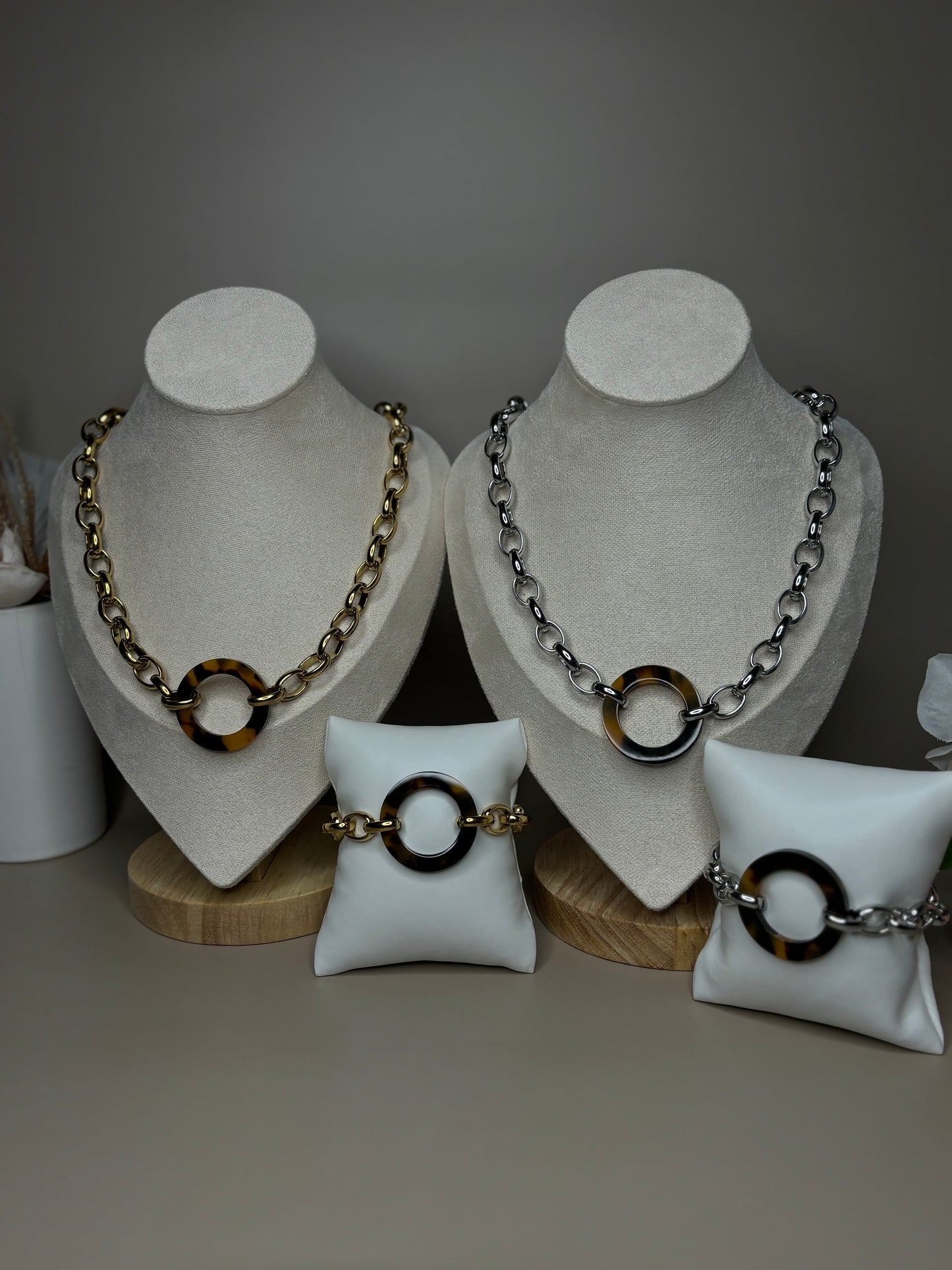 Eclipse Set - bold link and acrylic circle pendant - Set includes Necklace and Bracelet - Gold and Silver