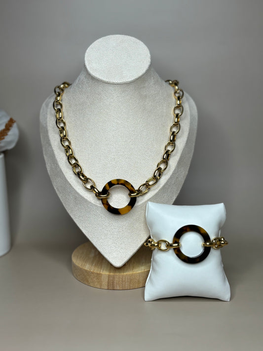 Eclipse Set - bold link and acrylic circle pendant - Set includes Necklace and Bracelet - Gold and Silver