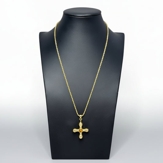 Radiant Faith stainless steel necklace with brown bead displayed on a mannequin.
