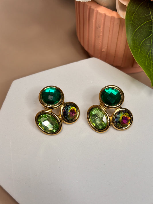 Tsavorite Earrings - Stainless Steel - Green Gems and Golden border