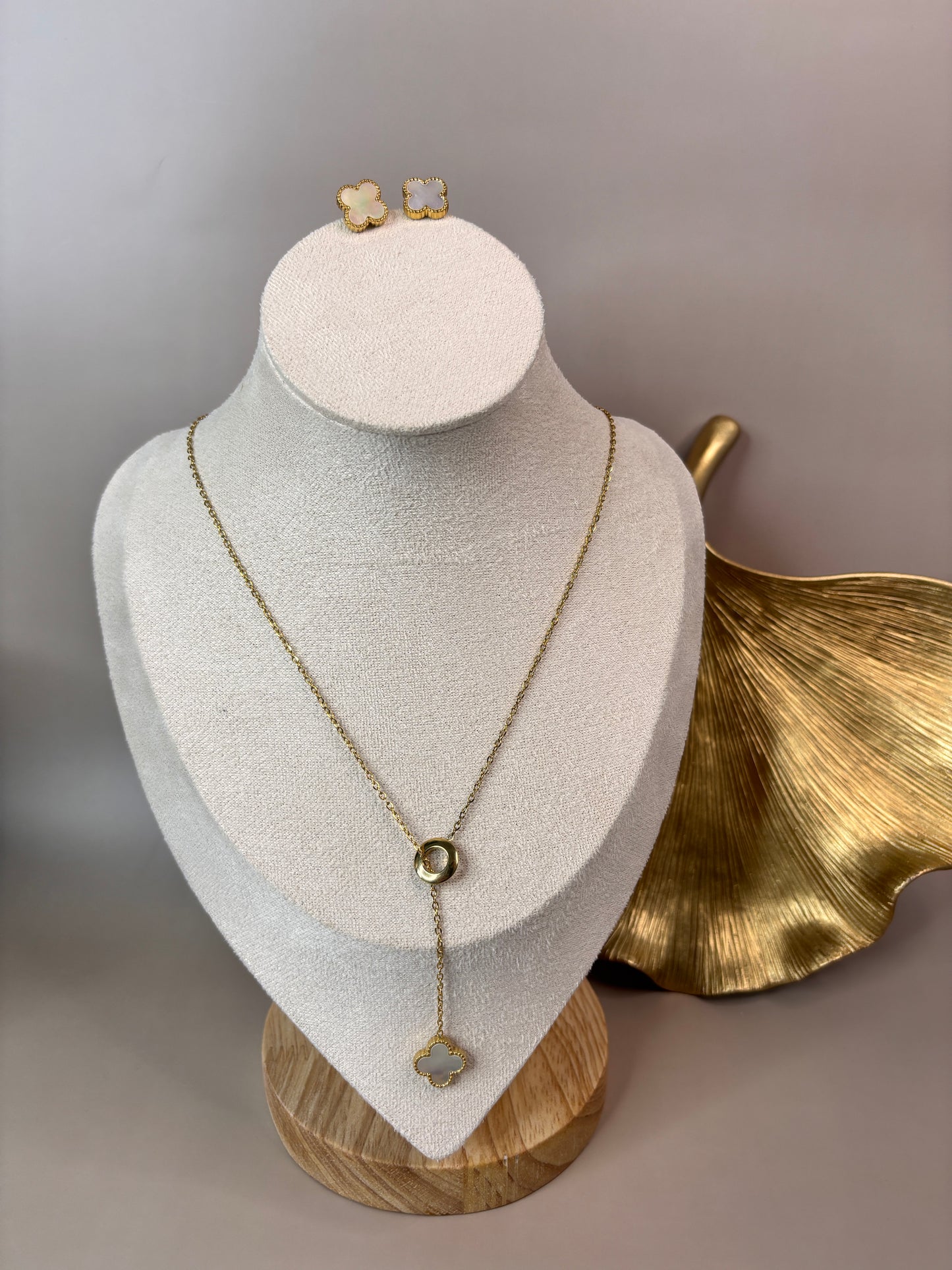 Fleur Leaf Clover Earring and Necklace Set - Gold & White, Silver & White, Gold & Black, Silver & Black - Stainless Steel and 18K Gold Plated