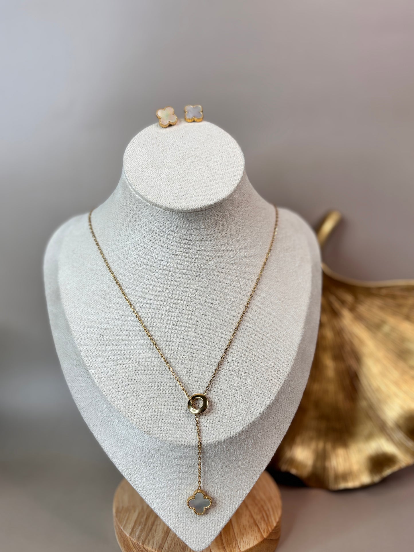 Fleur Leaf Clover Earring and Necklace Set - Gold & White, Silver & White, Gold & Black, Silver & Black - Stainless Steel and 18K Gold Plated