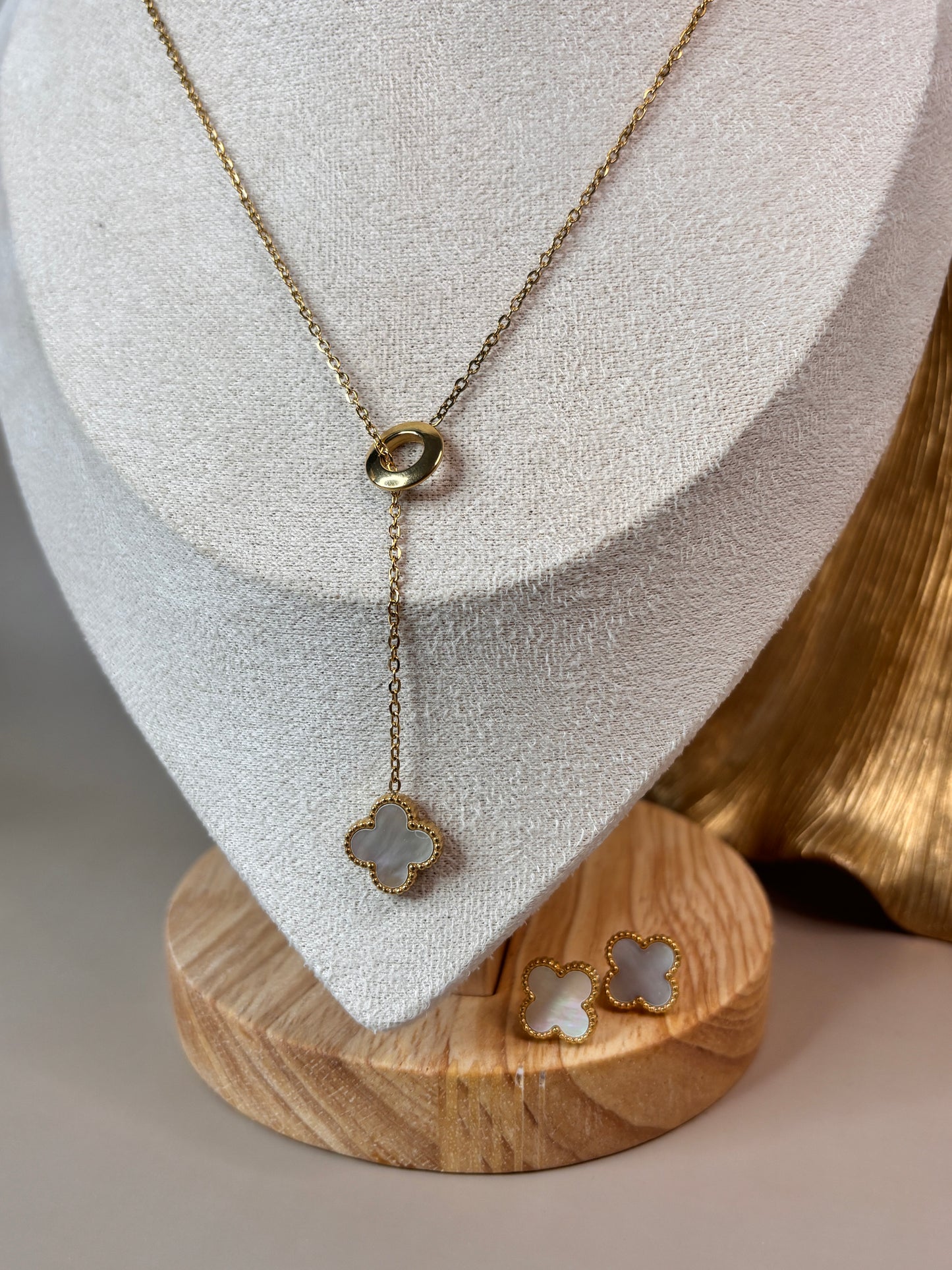 Fleur Leaf Clover Earring and Necklace Set - Gold & White, Silver & White, Gold & Black, Silver & Black - Stainless Steel and 18K Gold Plated