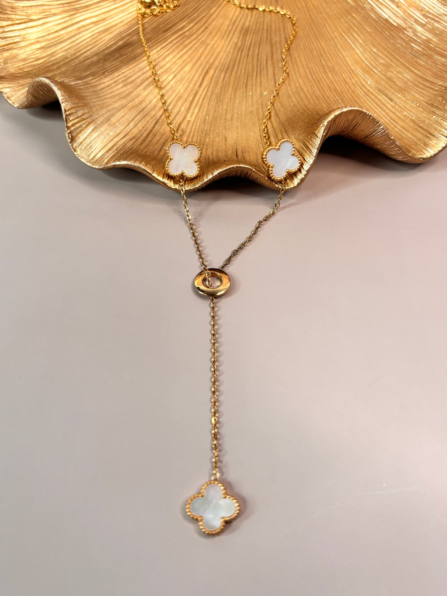 Fleur Leaf Clover Earring and Necklace Set - Gold & White, Silver & White, Gold & Black, Silver & Black - Stainless Steel and 18K Gold Plated