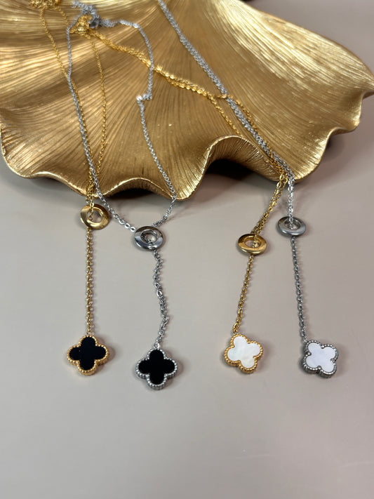 Fleur Leaf Clover Earring and Necklace Set - Gold & White, Silver & White, Gold & Black, Silver & Black - Stainless Steel and 18K Gold Plated