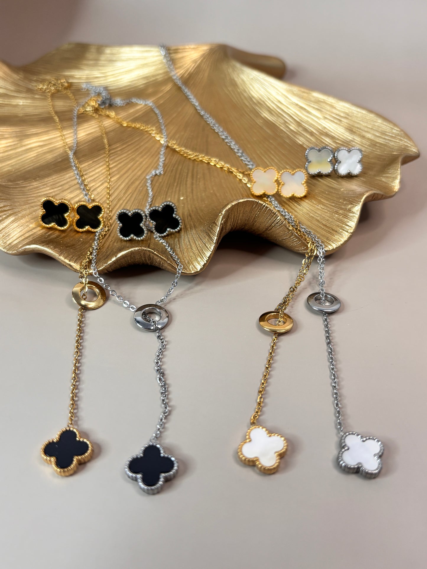 Fleur Leaf Clover Earring and Necklace Set - Gold & White, Silver & White, Gold & Black, Silver & Black - Stainless Steel and 18K Gold Plated