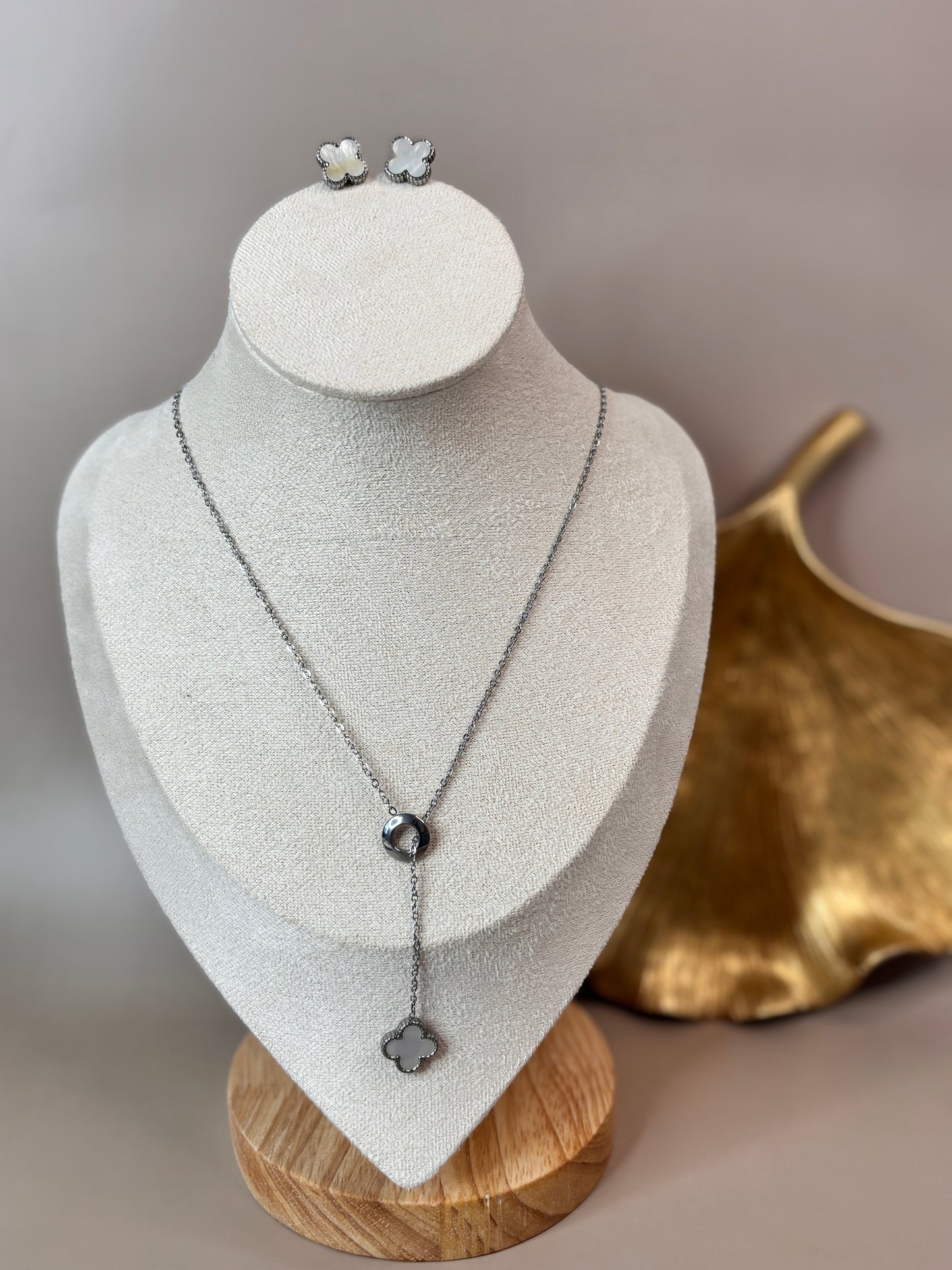 Fleur Leaf Clover Earring and Necklace Set - Gold & White, Silver & White, Gold & Black, Silver & Black - Stainless Steel and 18K Gold Plated