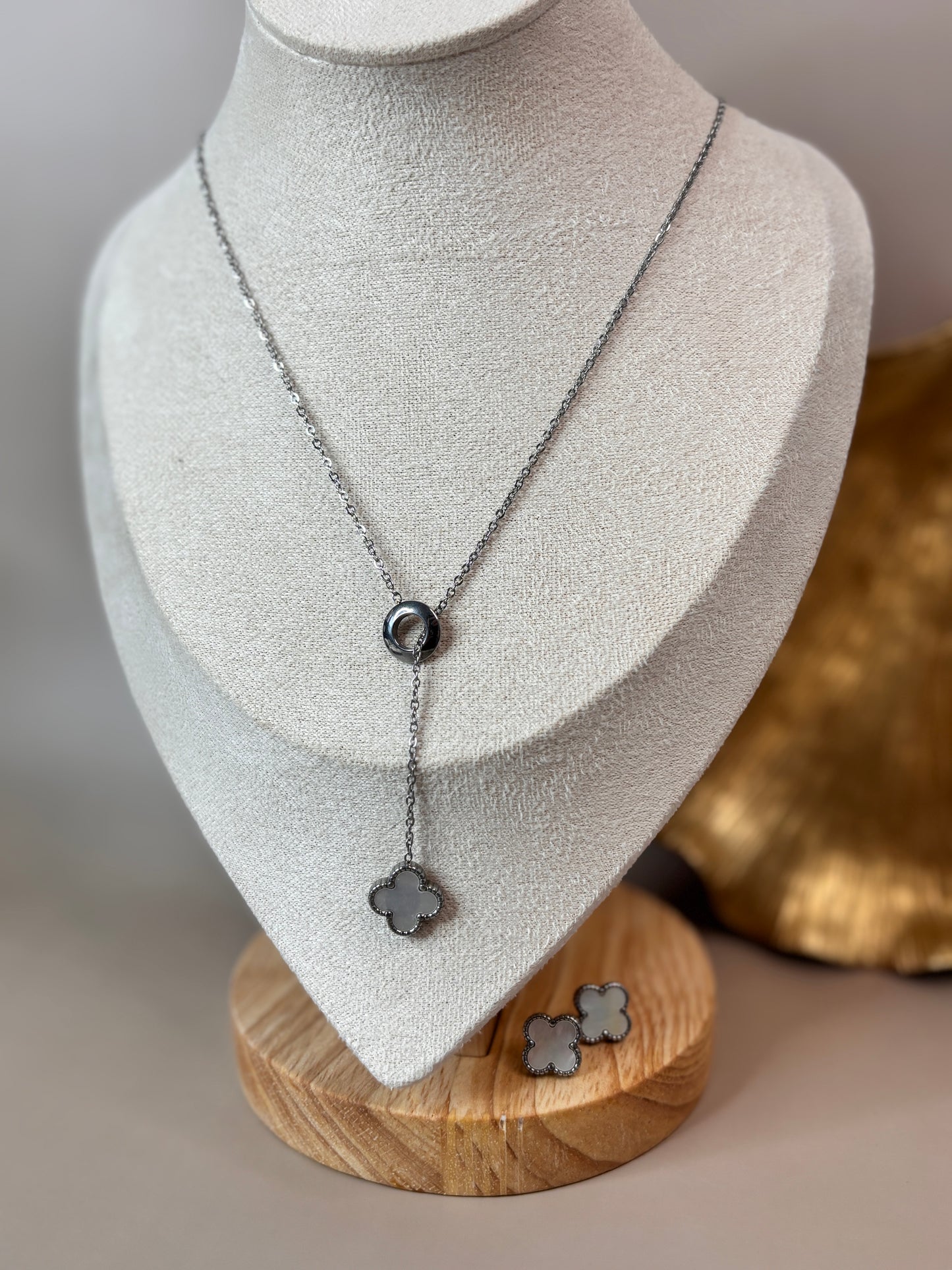 Fleur Leaf Clover Earring and Necklace Set - Gold & White, Silver & White, Gold & Black, Silver & Black - Stainless Steel and 18K Gold Plated
