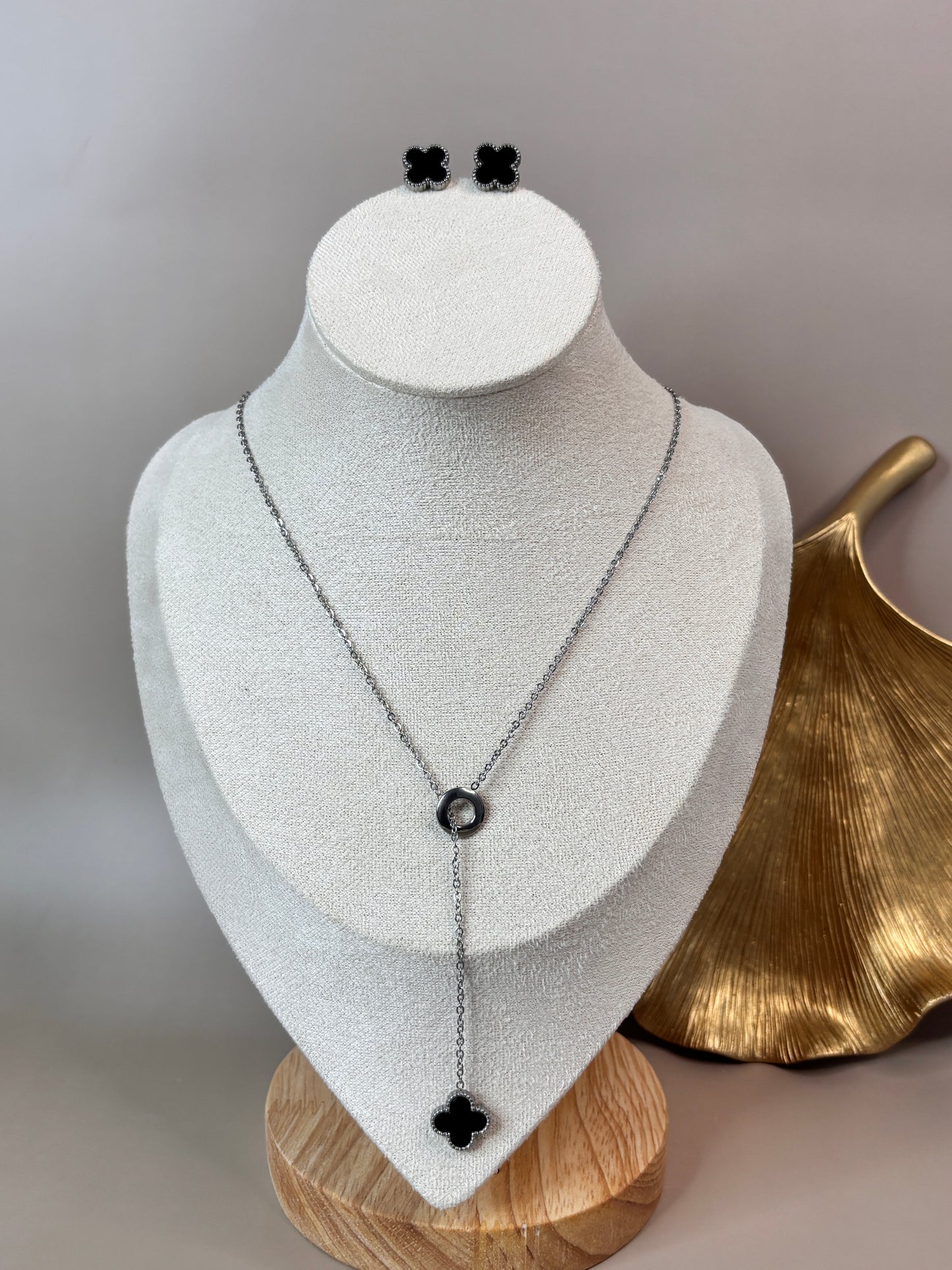 Fleur Leaf Clover Earring and Necklace Set - Gold & White, Silver & White, Gold & Black, Silver & Black - Stainless Steel and 18K Gold Plated