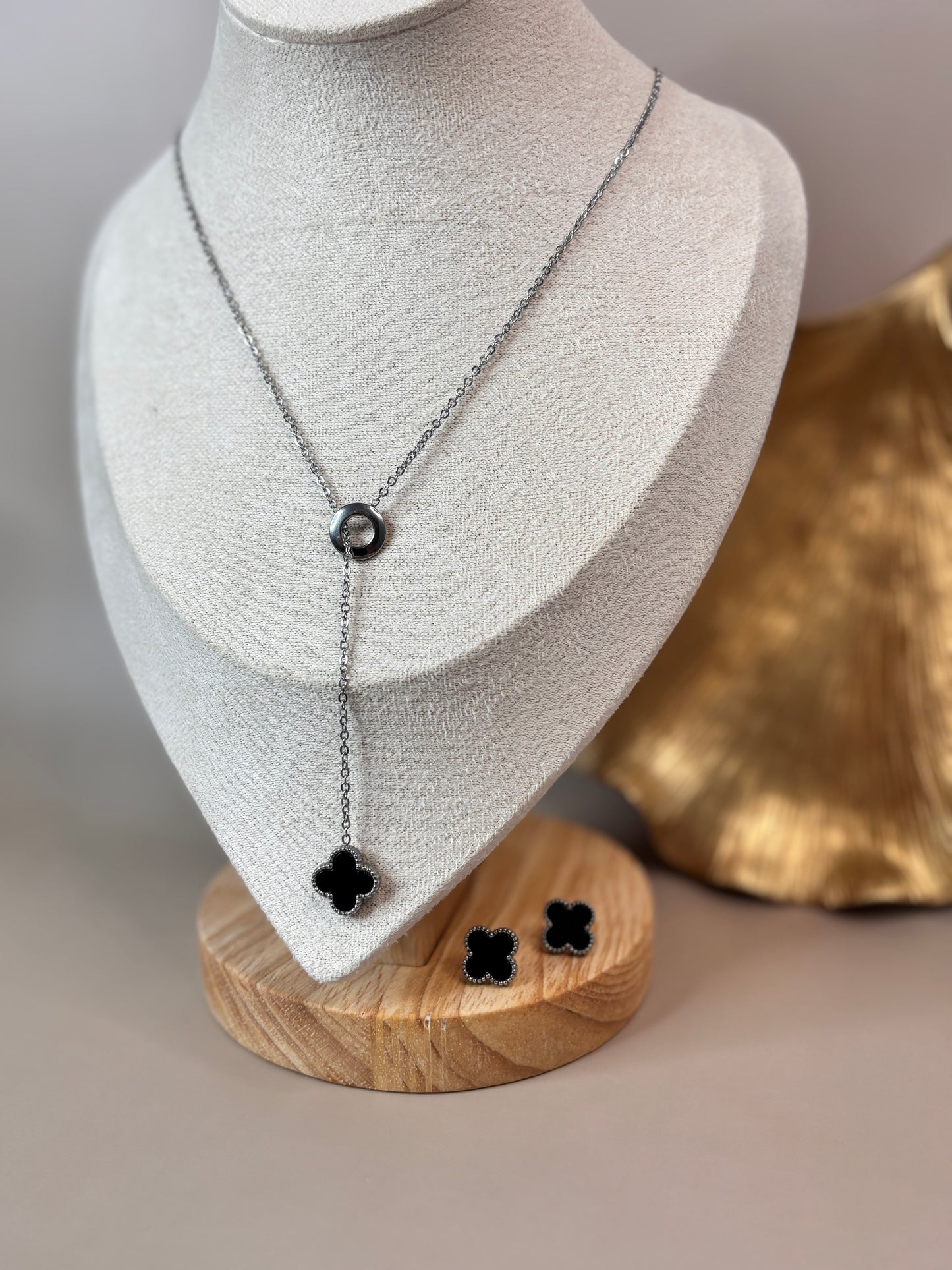 Fleur Leaf Clover Earring and Necklace Set - Gold & White, Silver & White, Gold & Black, Silver & Black - Stainless Steel and 18K Gold Plated