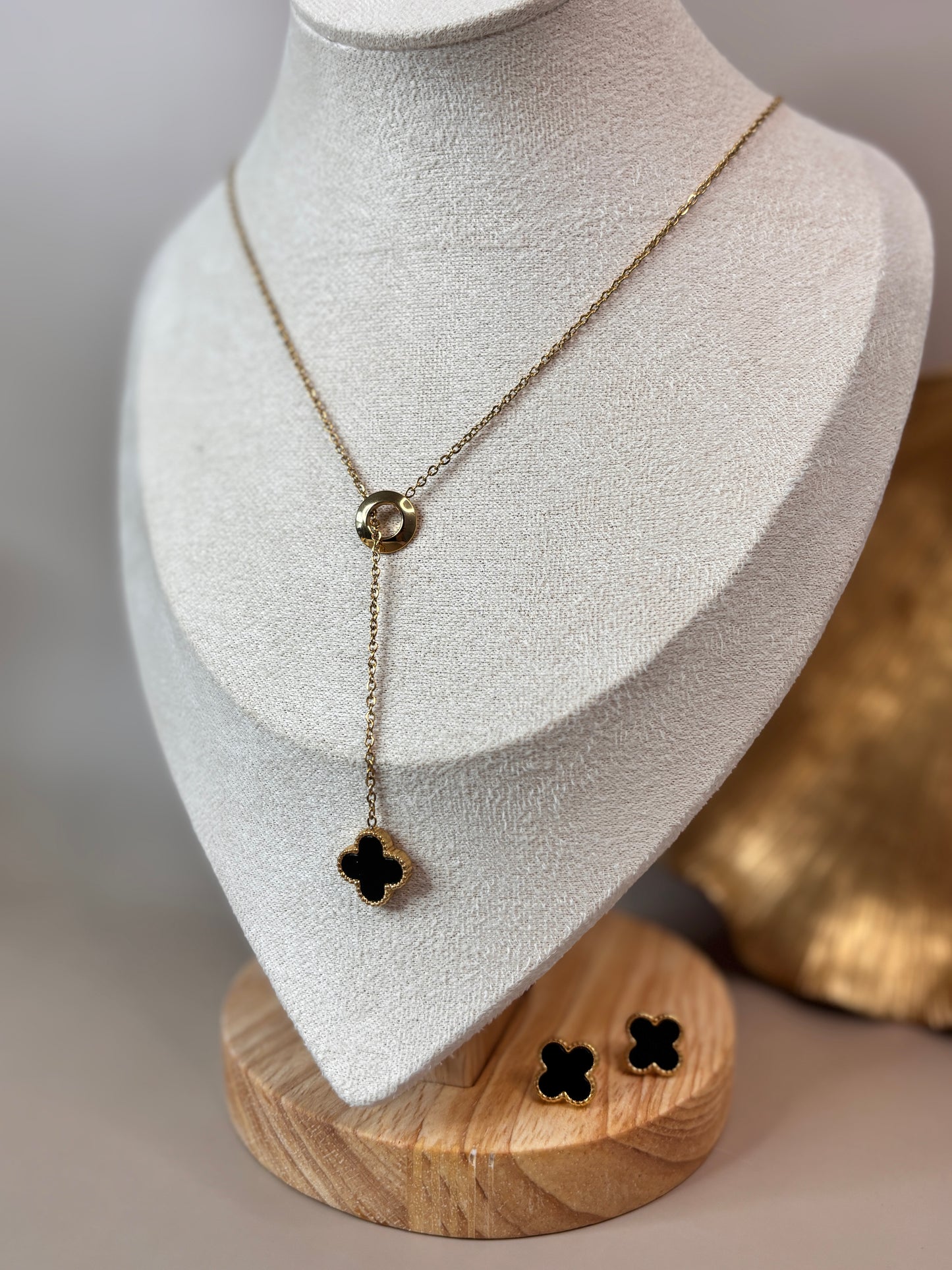 Fleur Leaf Clover Earring and Necklace Set - Gold & White, Silver & White, Gold & Black, Silver & Black - Stainless Steel and 18K Gold Plated