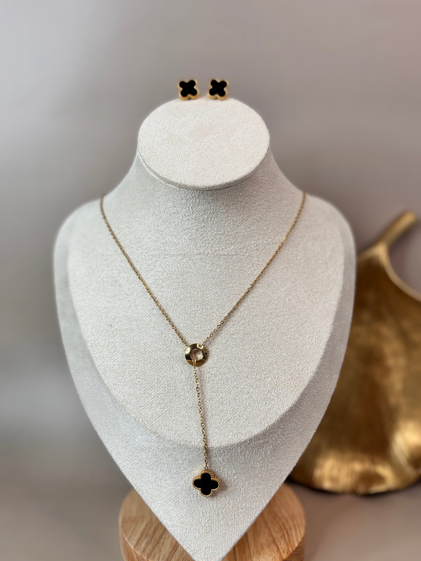 Fleur Leaf Clover Earring and Necklace Set - Gold & White, Silver & White, Gold & Black, Silver & Black - Stainless Steel and 18K Gold Plated