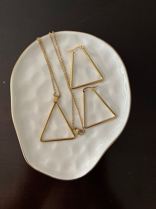 Lustrous Geometry Set - Triangle - Set includes Earrings and Necklace - Gold