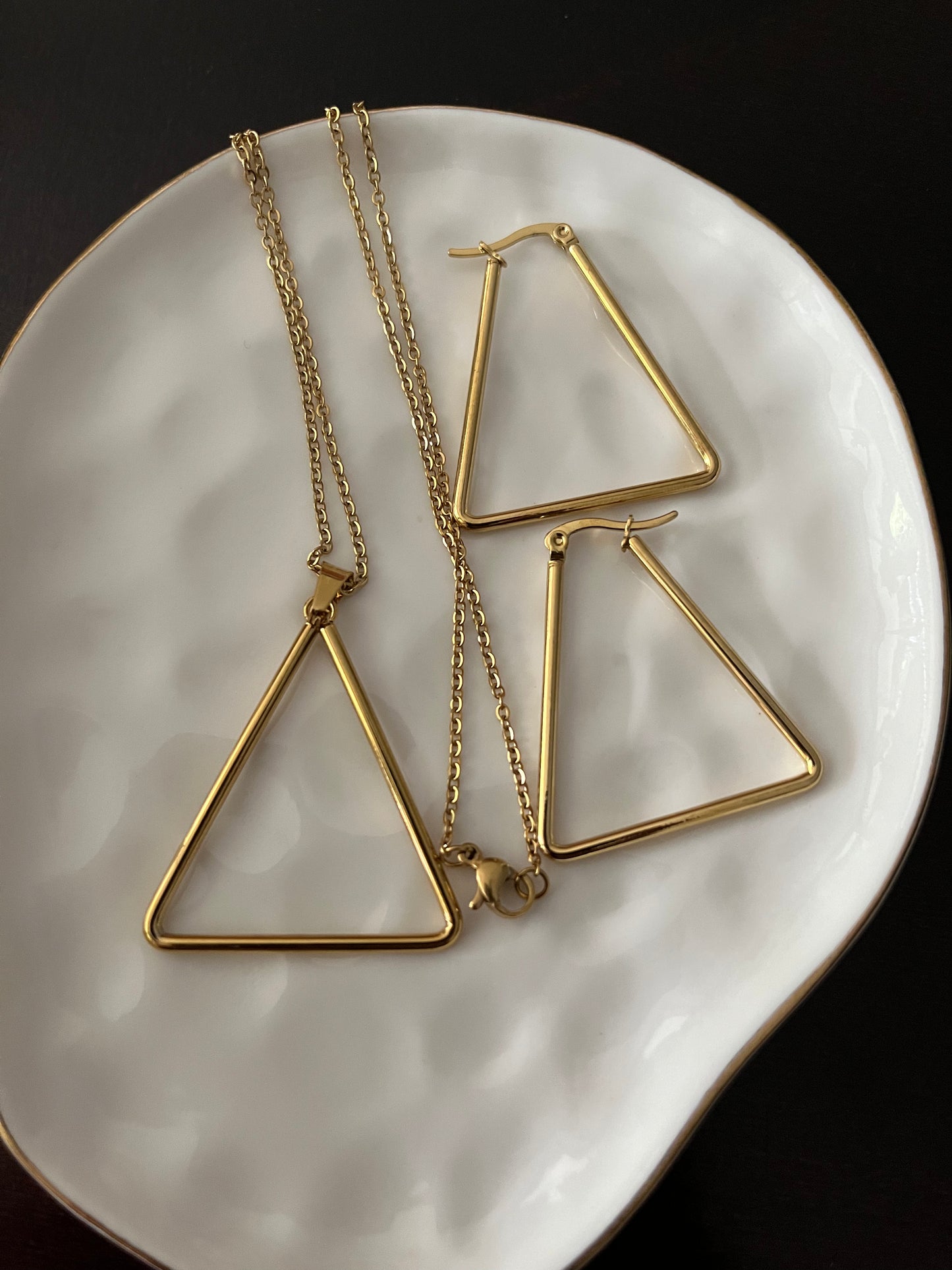 Lustrous Geometry Set - Triangle - Set includes Earrings and Necklace - Gold