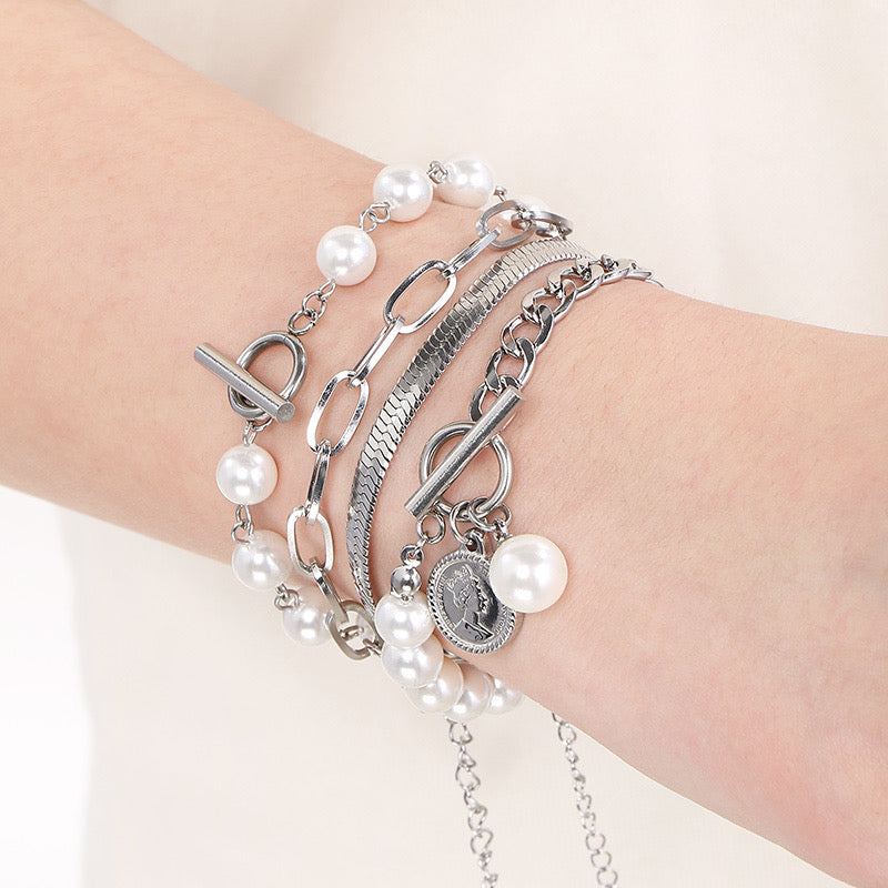 Brillo Bracelet Set - Gold or silver and pearl bead, link and snake - Stainless Steel and 18K Gold Plated