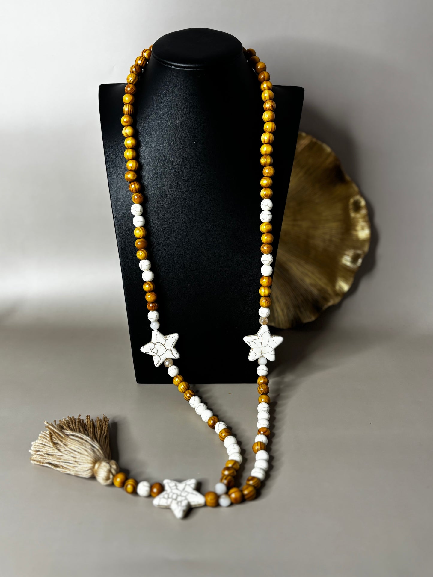 Star Wood Necklace - White, Beige and Wood