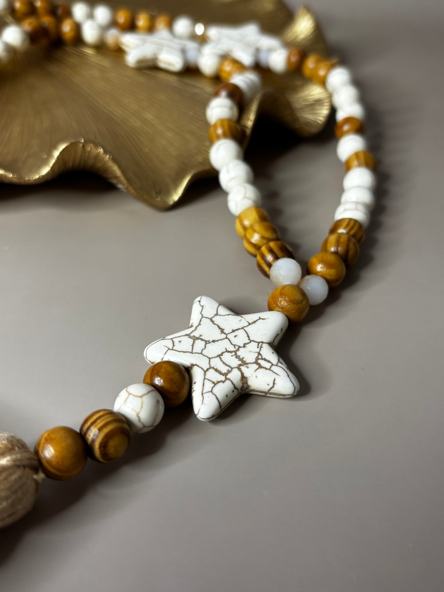 Star Wood Necklace - White, Beige and Wood