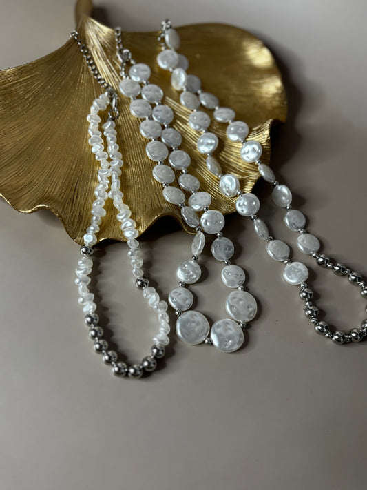 Triple Strand Pearl Necklace - CCB and Pearl - Gold or Silver