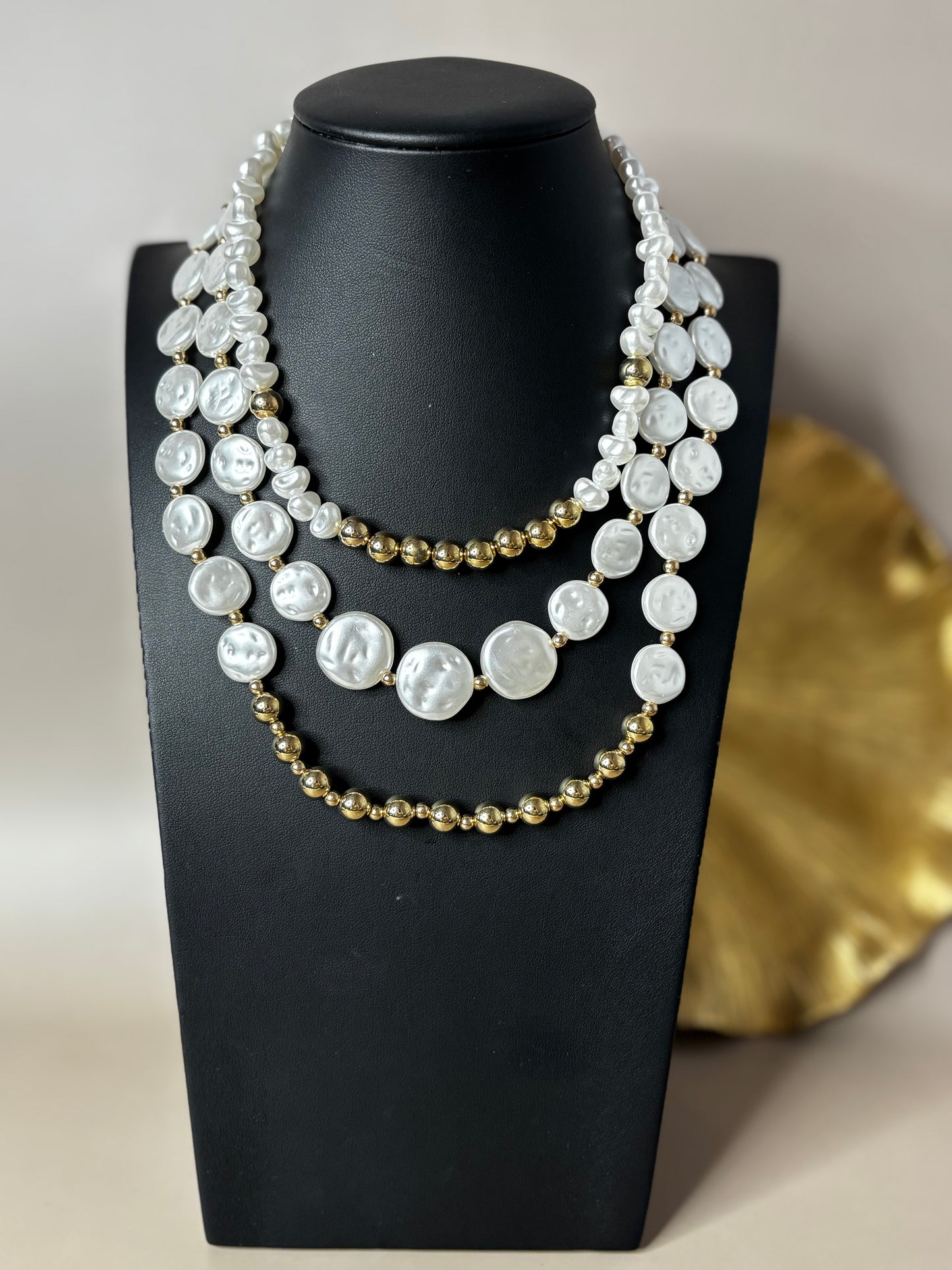 Triple Strand Pearl Necklace - CCB and Pearl - Gold or Silver