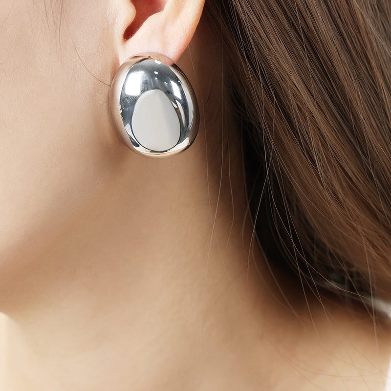 Oval Studs Earrings - Stainless Steel - Drop Style - Silver