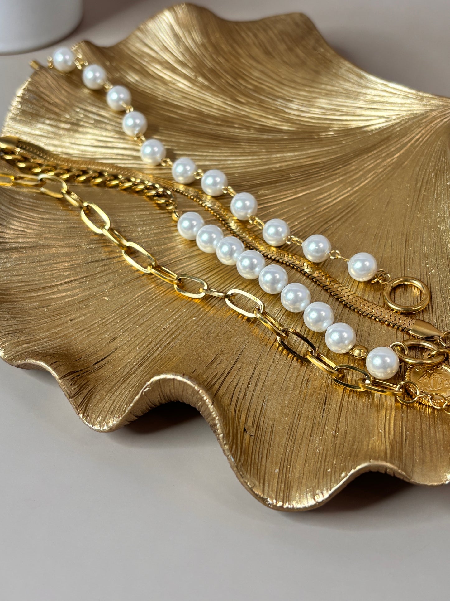 Brillo Bracelet Set - Gold or silver and pearl bead, link and snake - Stainless Steel and 18K Gold Plated
