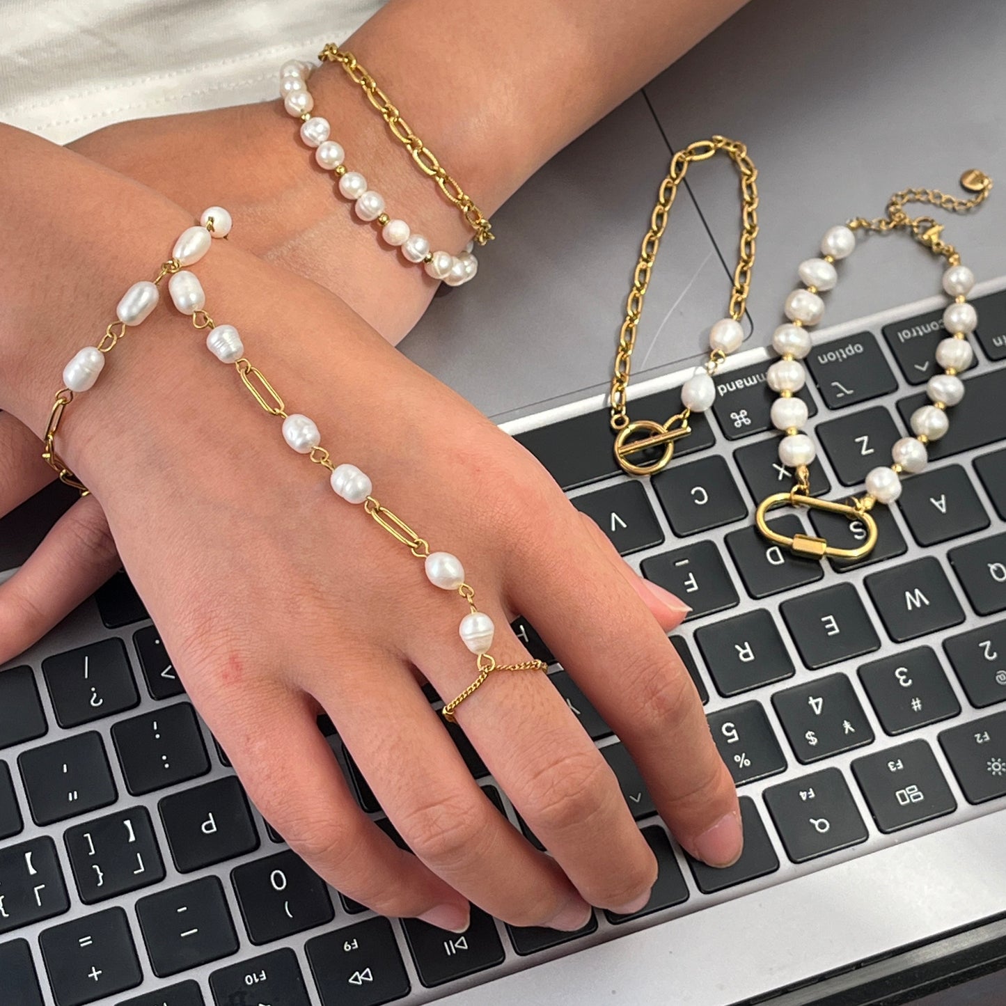 Infinity Touch - Gold and Pearl bead- Hand Chain Bracelet