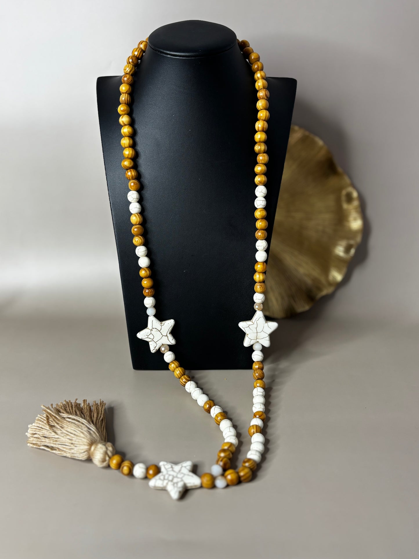 Star Wood Necklace - White, Beige and Wood