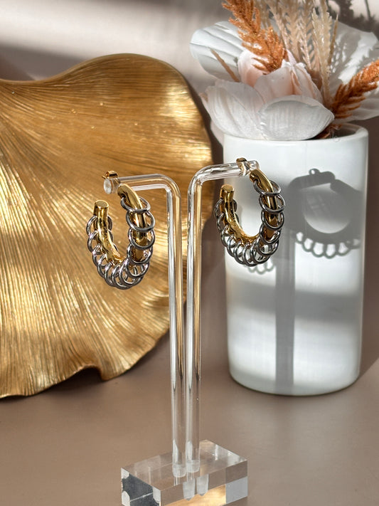 Miko Earrings - Staineless Steel - Chain Tassel Hoop - Double Tones