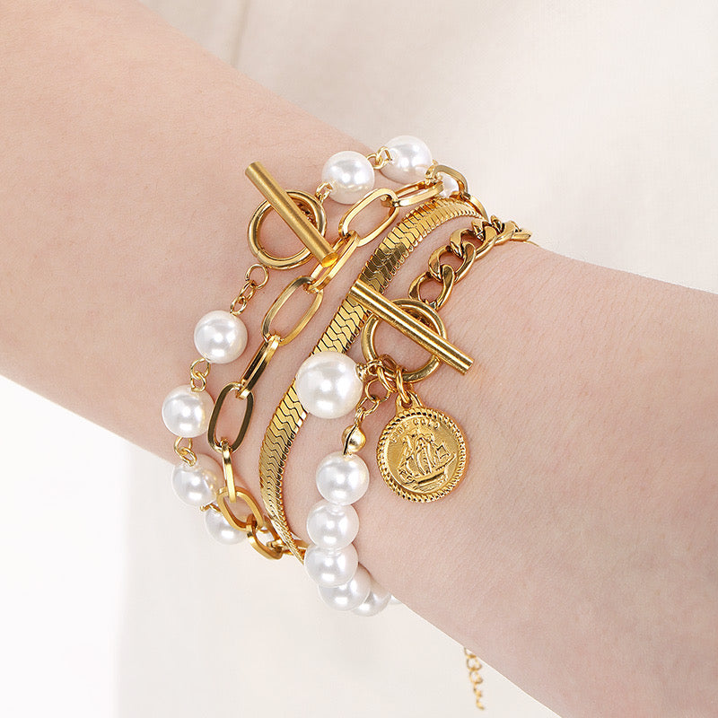Brillo Bracelet Set - Gold or silver and pearl bead, link and snake - Stainless Steel and 18K Gold Plated
