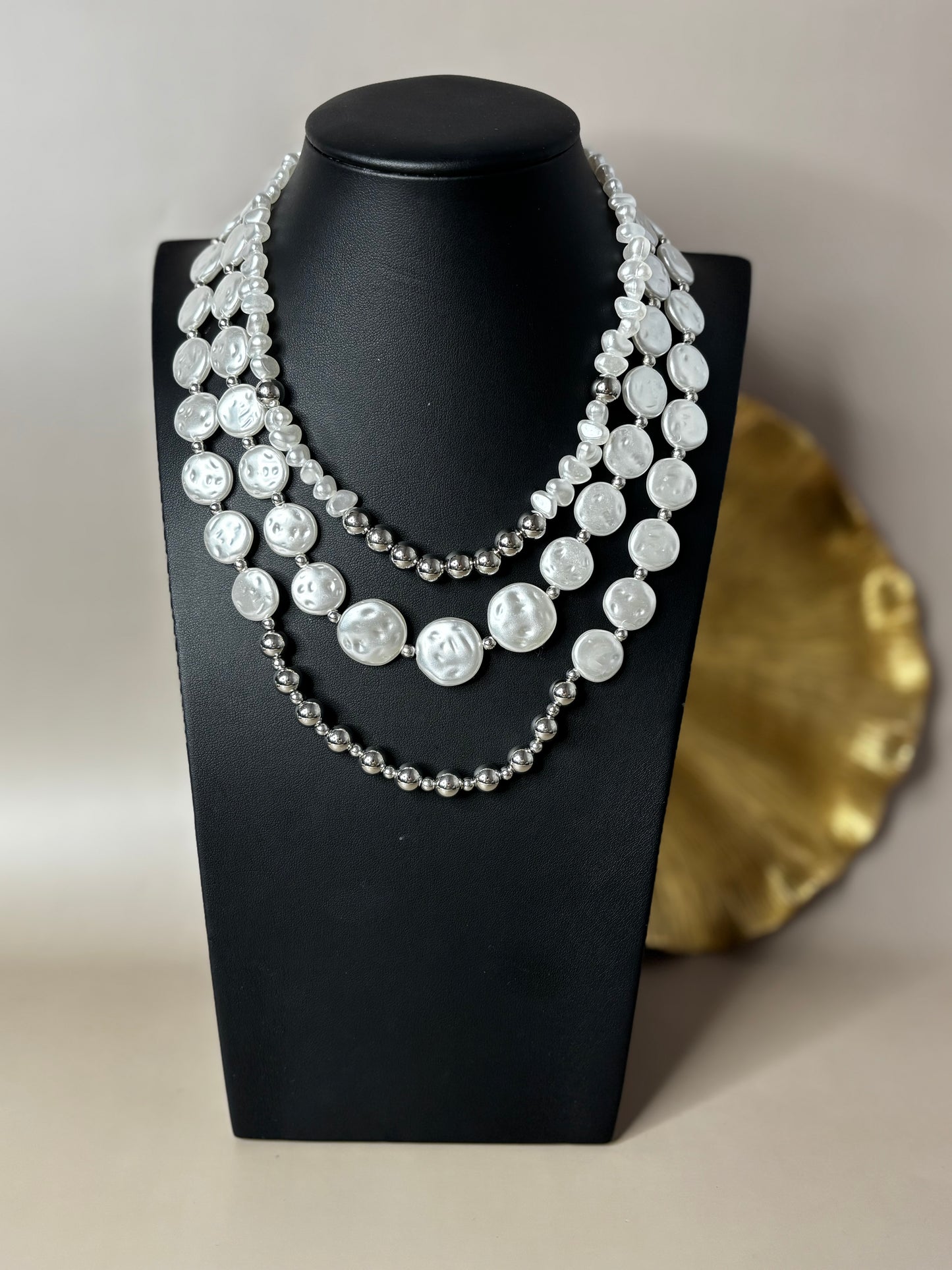 Triple Strand Pearl Necklace - CCB and Pearl - Gold or Silver