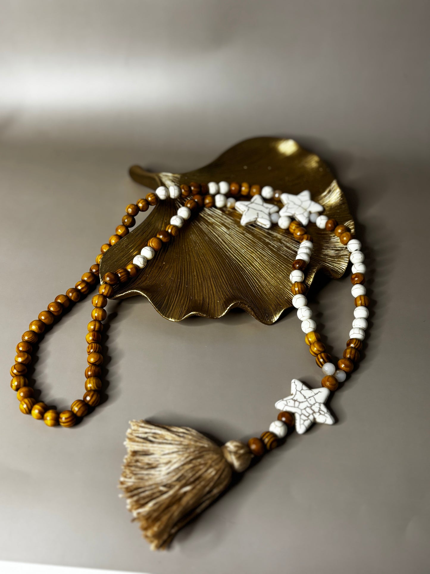 Star Wood Necklace - White, Beige and Wood