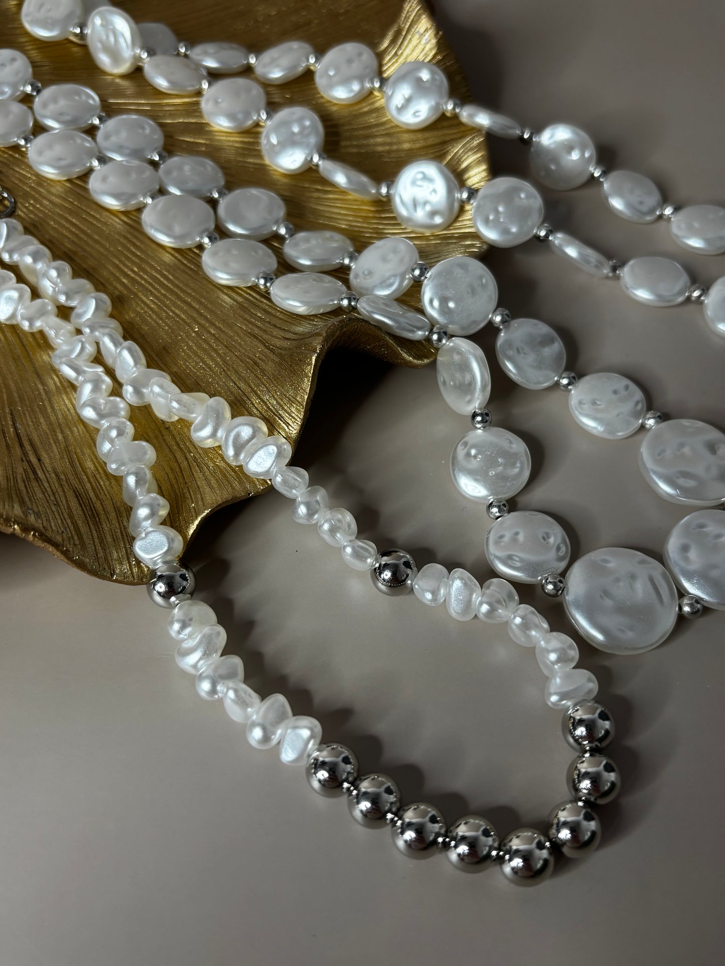 Triple Strand Pearl Necklace - CCB and Pearl - Gold or Silver