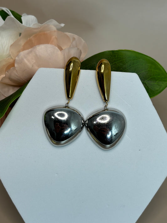 Dual Luxe two-tone gold stud and silver pendant drop earrings in stainless steel.
