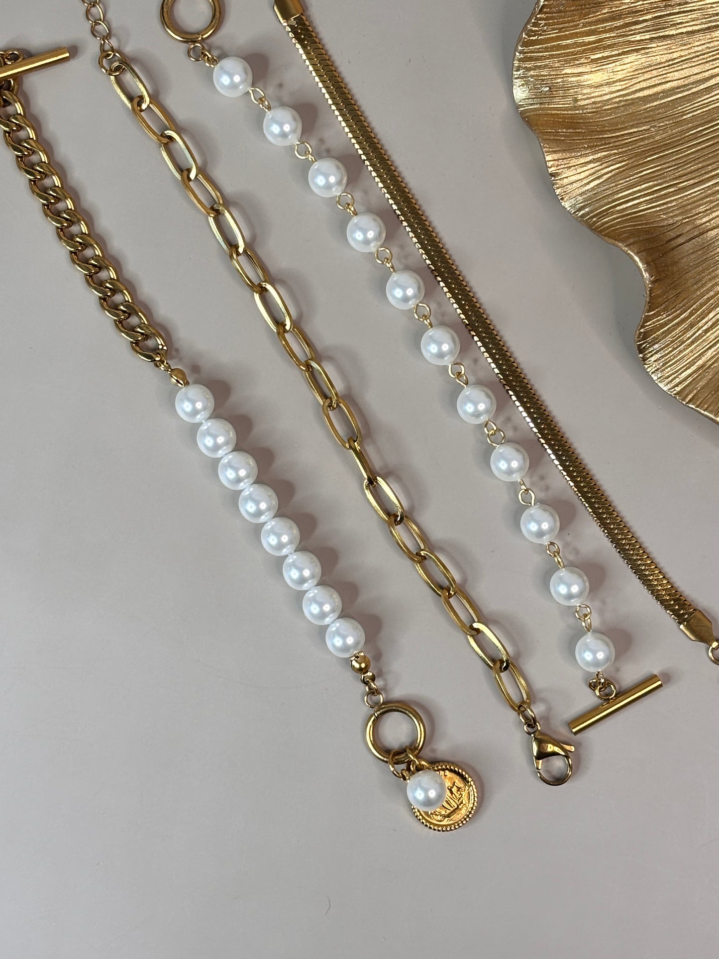 Brillo Bracelet Set - Gold or silver and pearl bead, link and snake - Stainless Steel and 18K Gold Plated