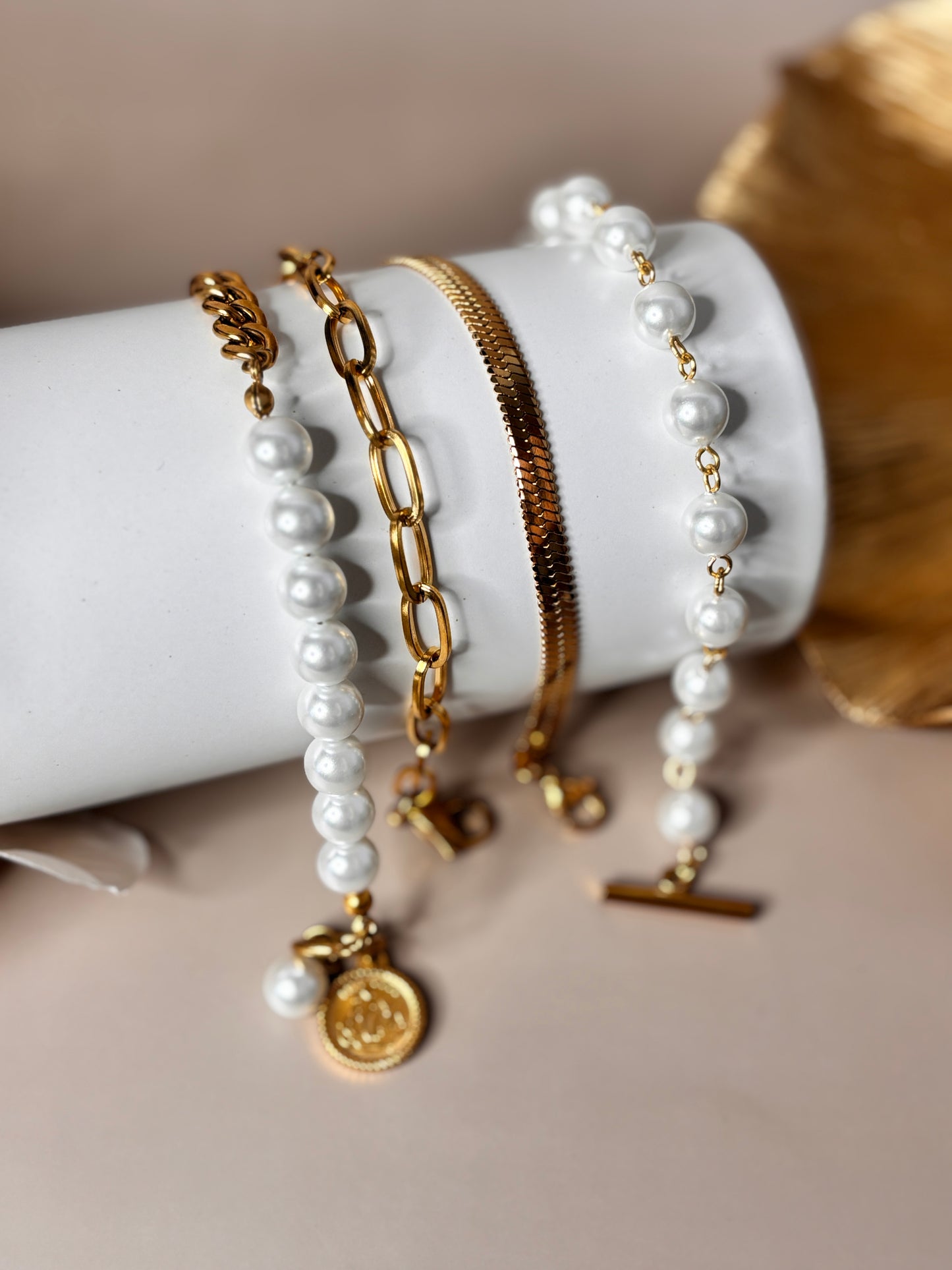 Brillo Bracelet Set - Gold or silver and pearl bead, link and snake - Stainless Steel and 18K Gold Plated