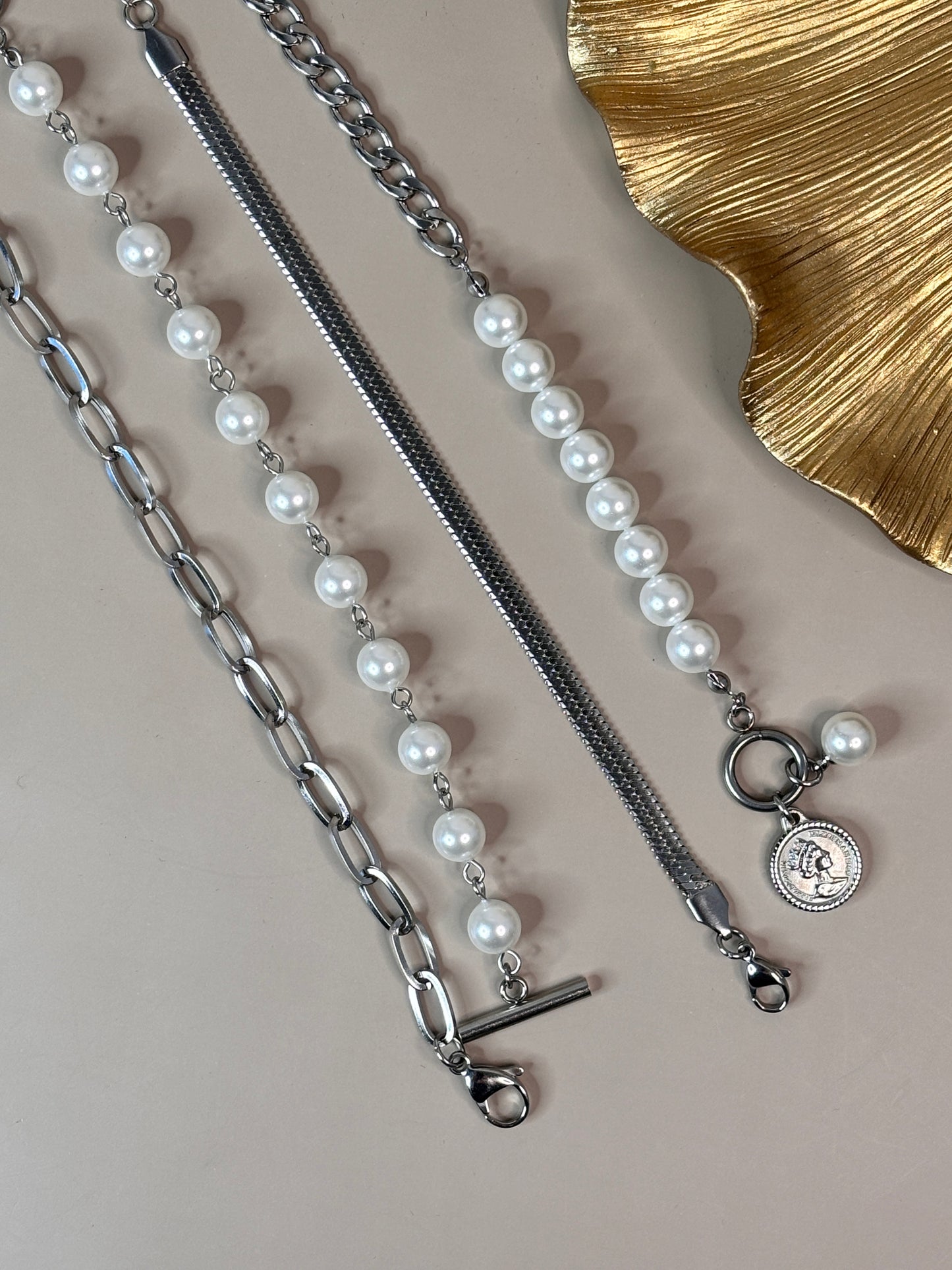 Brillo Bracelet Set - Gold or silver and pearl bead, link and snake - Stainless Steel and 18K Gold Plated