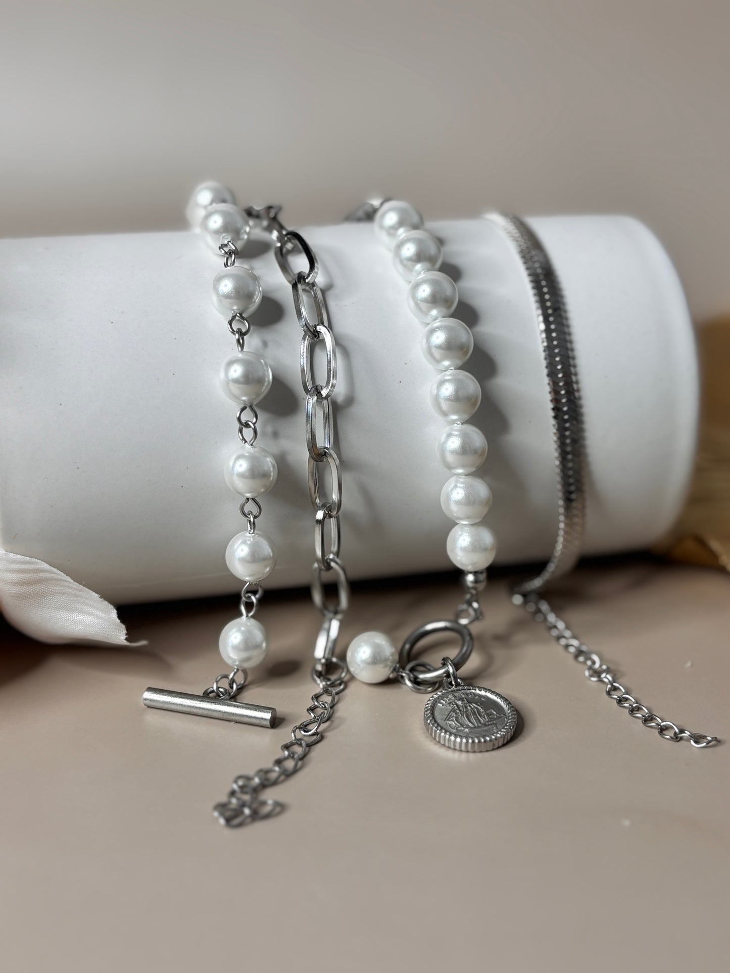 Brillo Bracelet Set - Gold or silver and pearl bead, link and snake - Stainless Steel and 18K Gold Plated