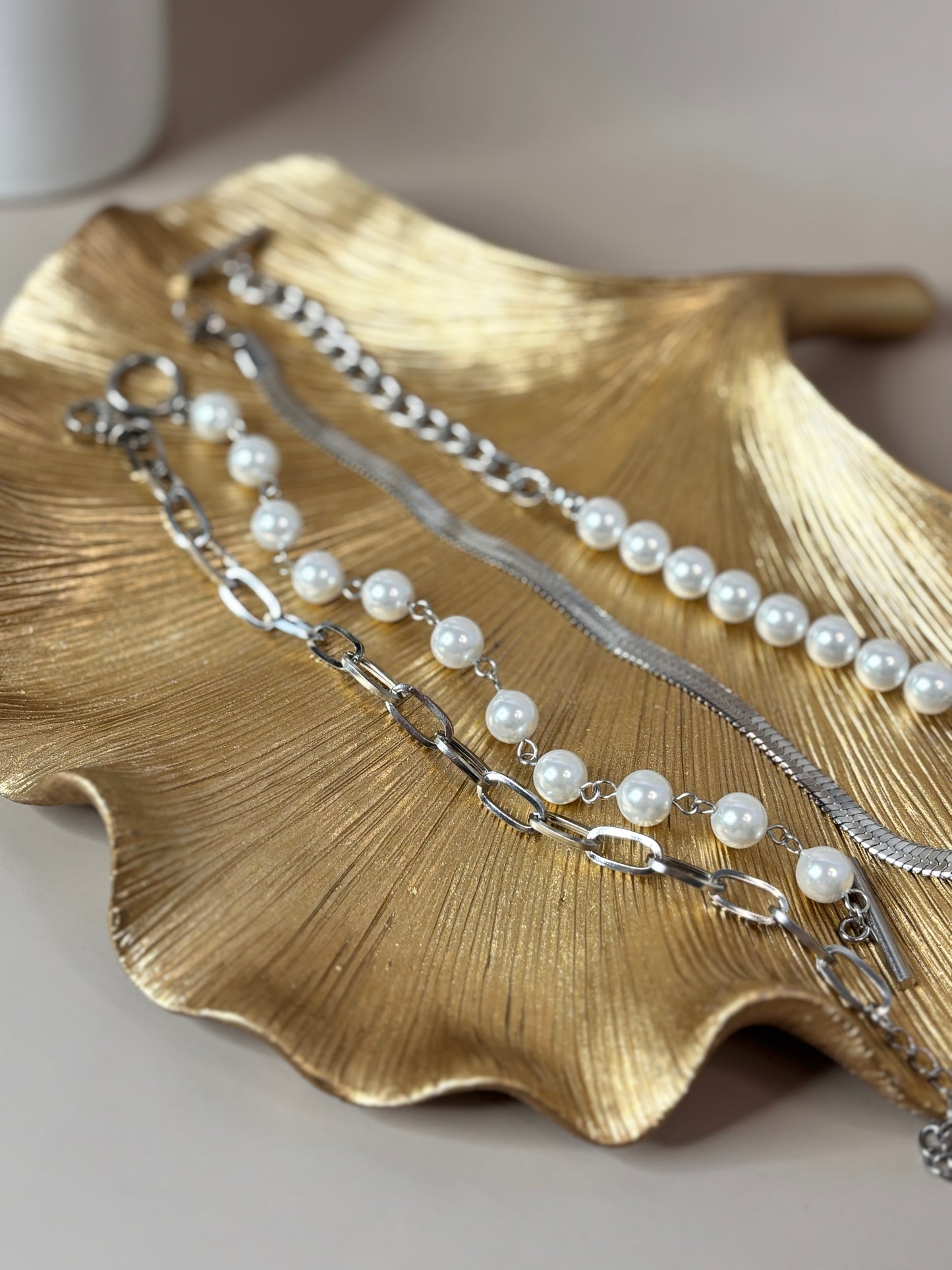 Brillo Bracelet Set - Gold or silver and pearl bead, link and snake - Stainless Steel and 18K Gold Plated