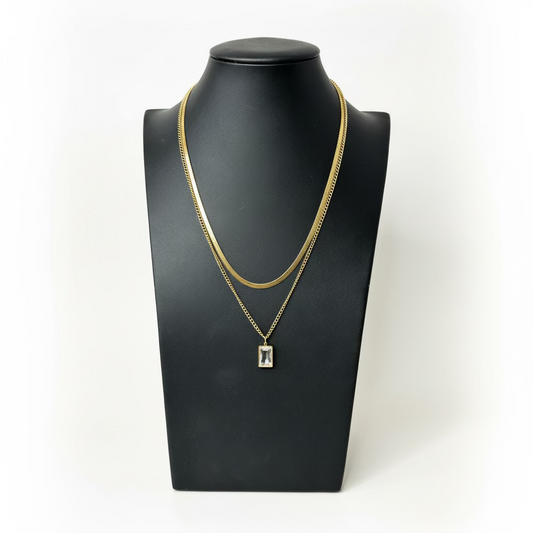 Glamour 14K gold plated double layer snake and ball chain necklace with white square rhinestone inlay, displayed on a mannequin.