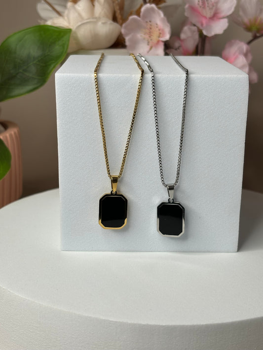 Midnight Elegance titanium steel box chain necklace in gold and silver.