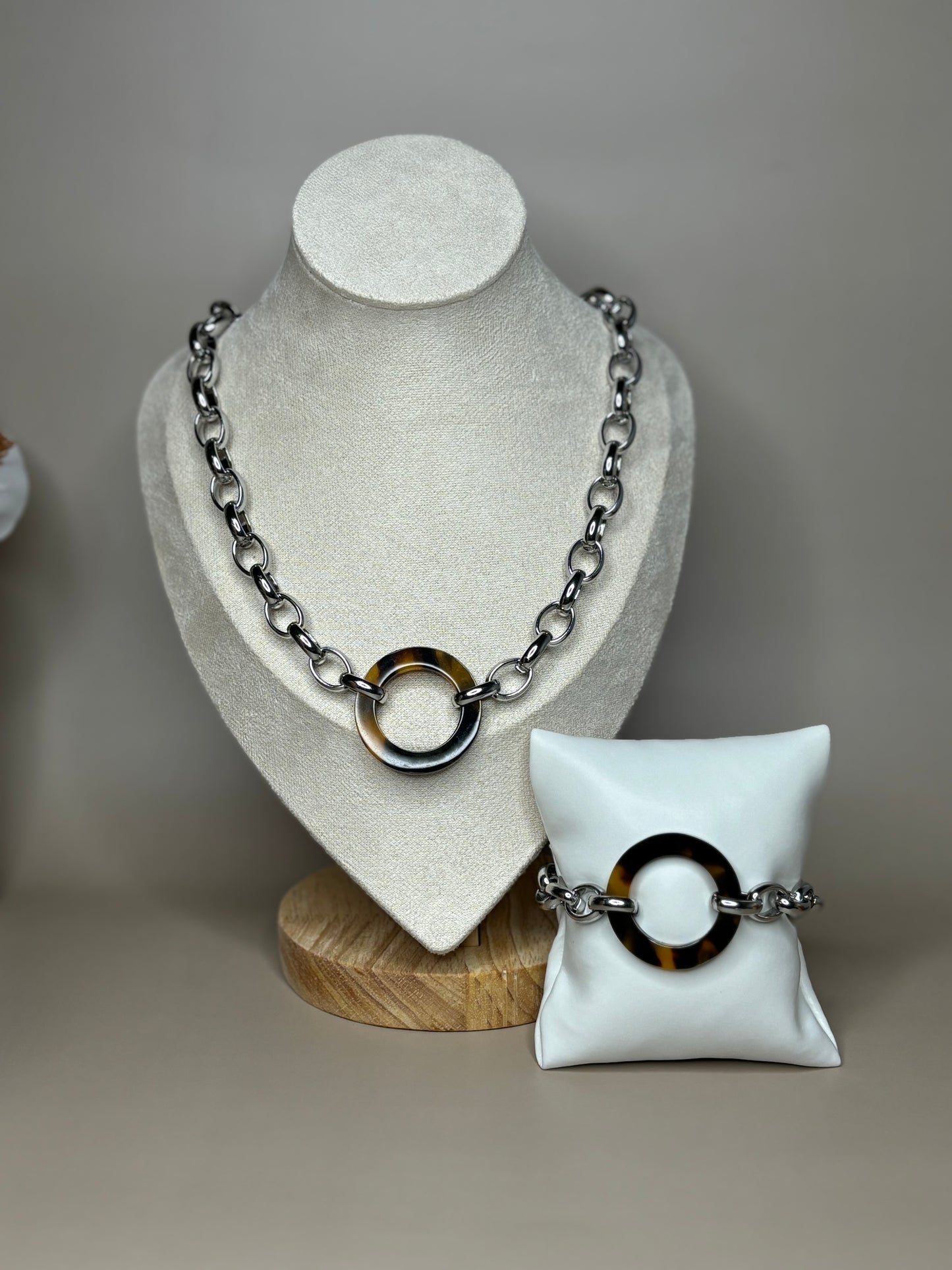 Eclipse Set - bold link and acrylic circle pendant - Set includes Necklace and Bracelet - Gold and Silver