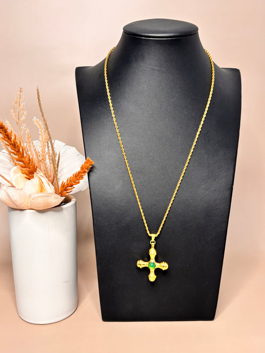 Radiant Faith stainless steel necklace with green bead elegantly showcased on a mannequin for a sophisticated, timeless look.