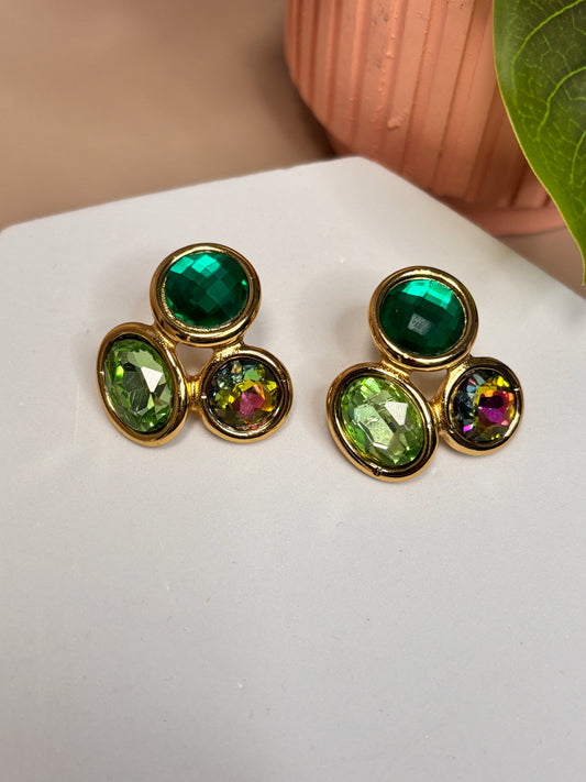 Tsavorite Earrings - Stainless Steel - Green Gems and Golden border