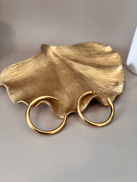 A pair of silver hoop earrings next to a pair of gold hoop earrings, placed on a gold-tone dish.