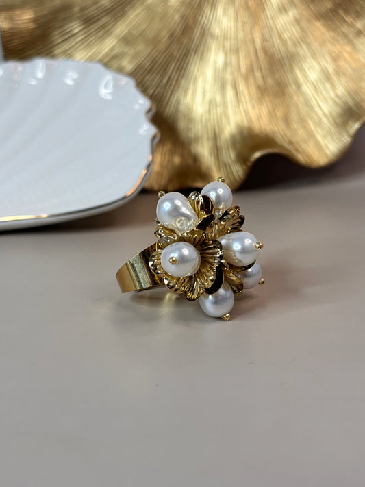 Flor Ring - Stainless Steel, 18K gold plated - Gold and pearl - Adjustable