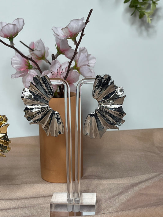 Magnolia Earrings - Alloy - Flower Design - Drop Style - Silver